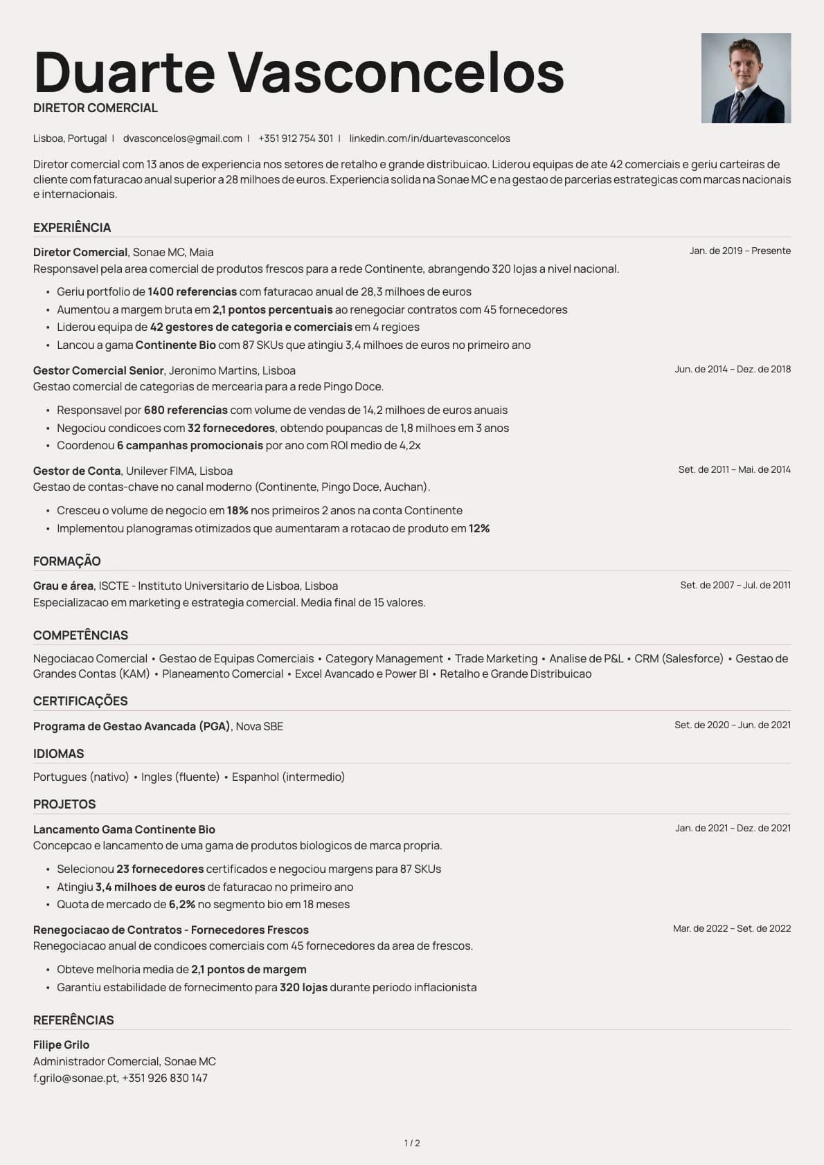 Diretor Comercial resume example
