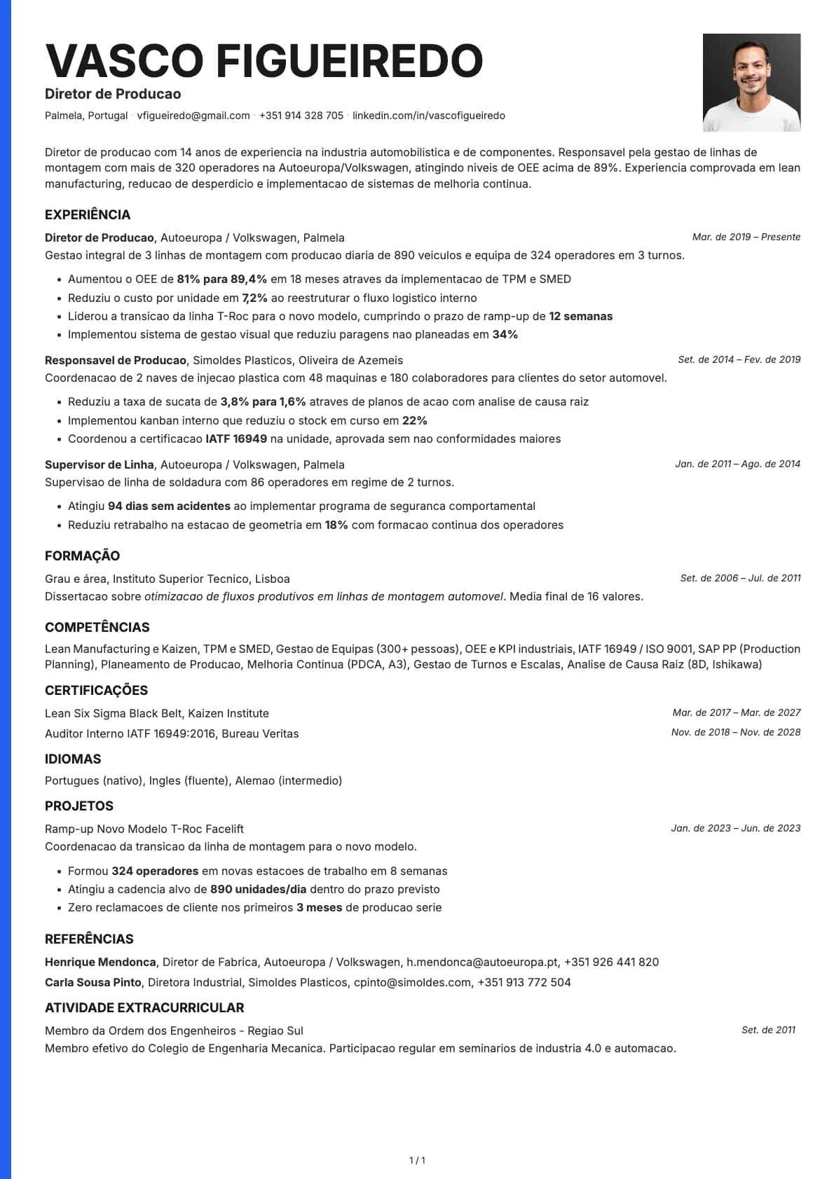 Diretor de Produção resume example