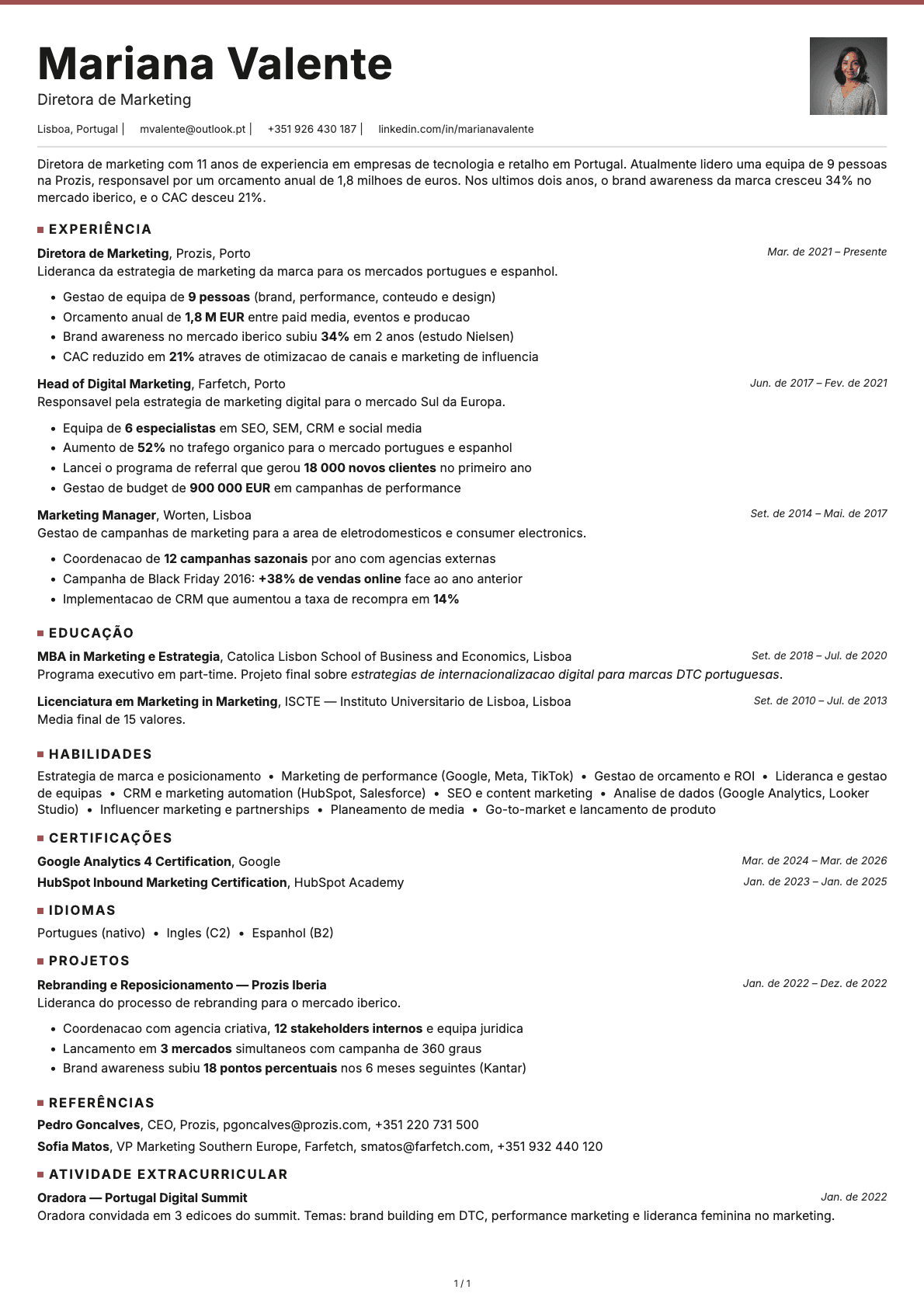 Diretor de Marketing resume example