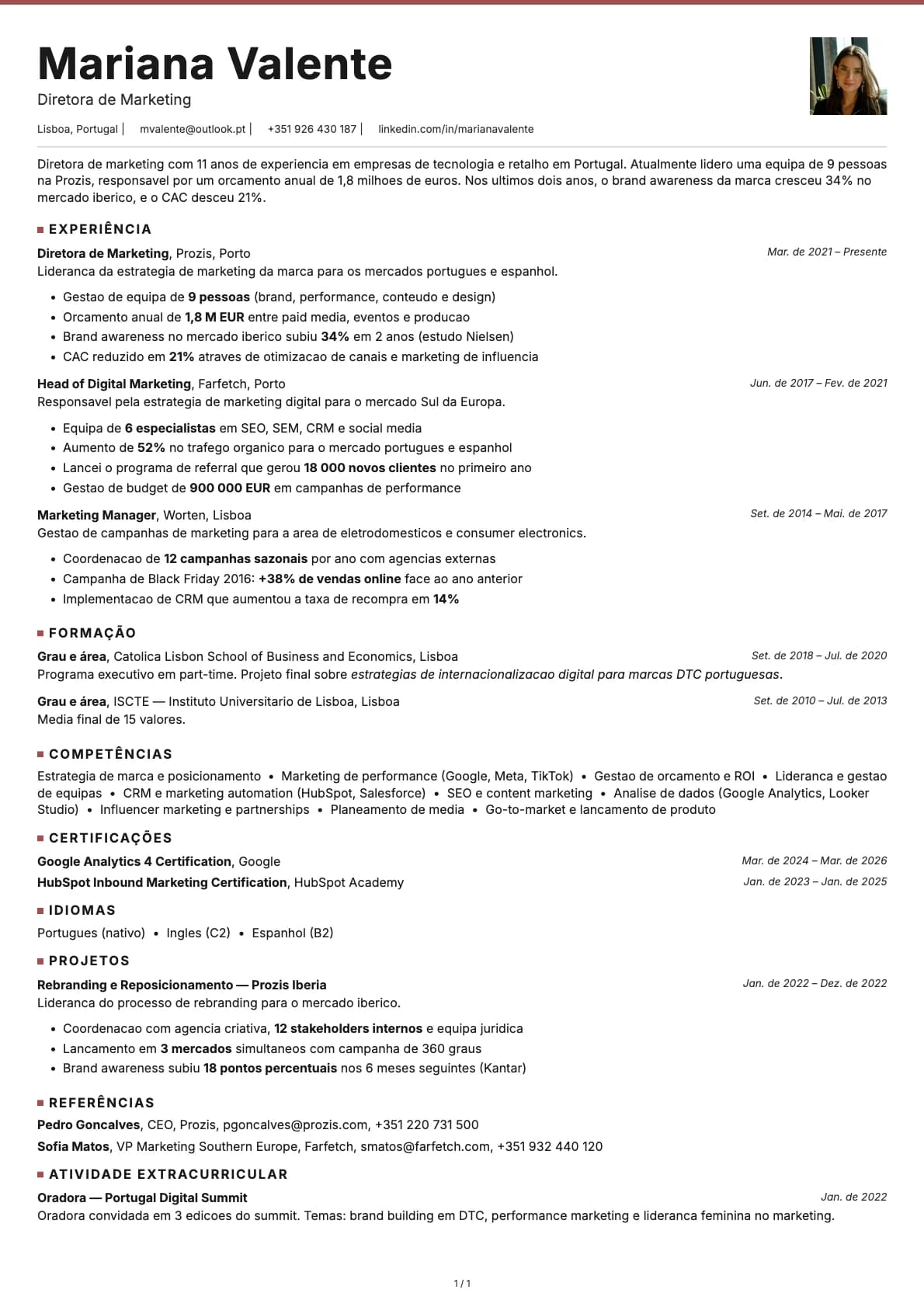 Diretor de Marketing resume example