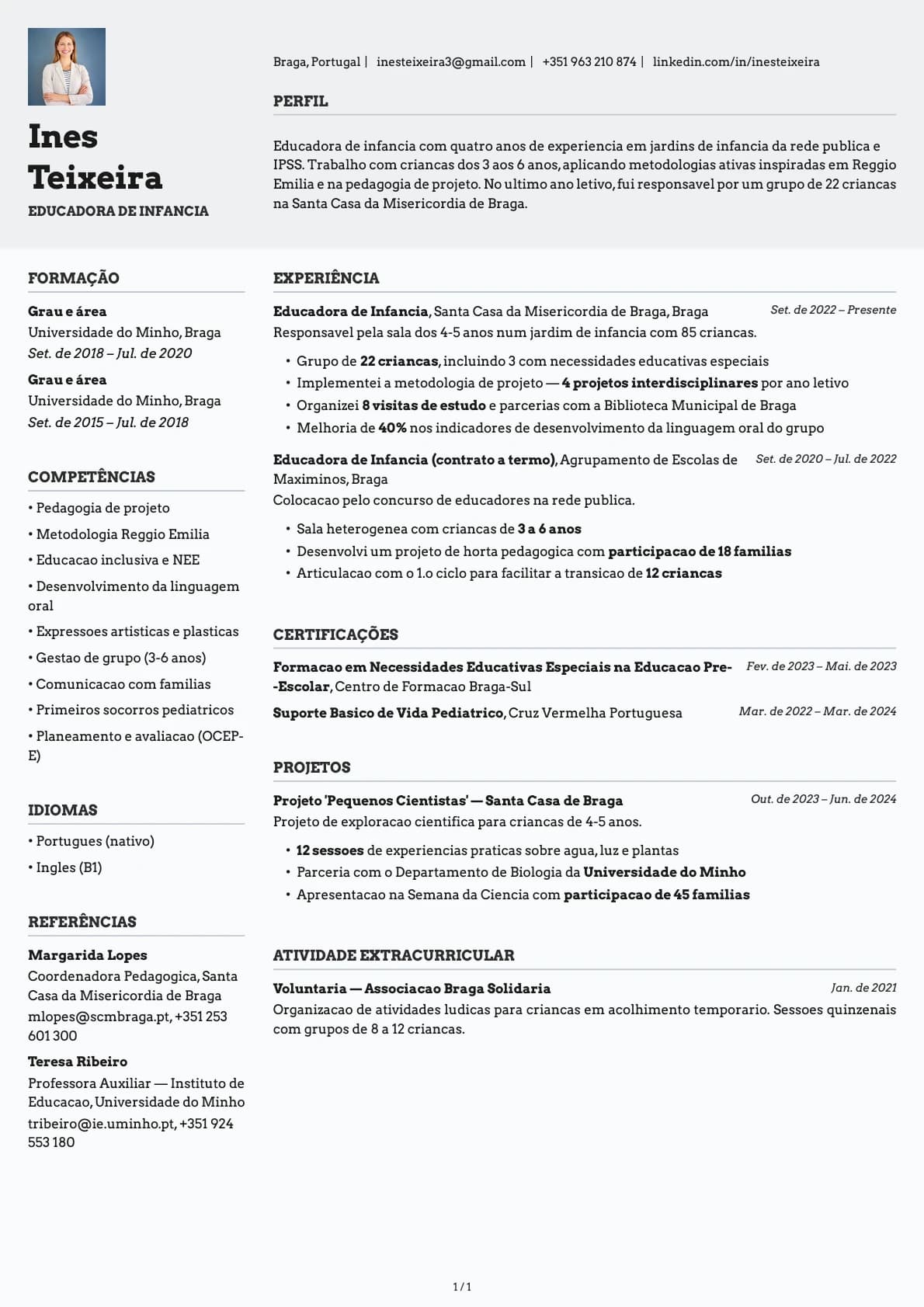 Educador de Infancia resume example