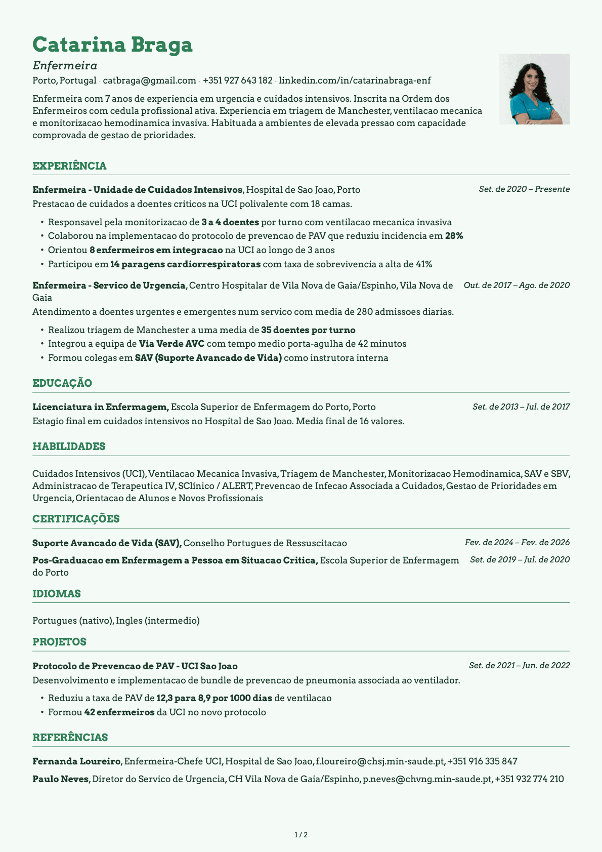 Enfermeiro resume example