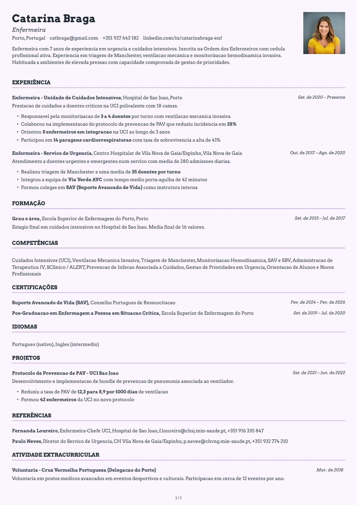 Enfermeiro resume example