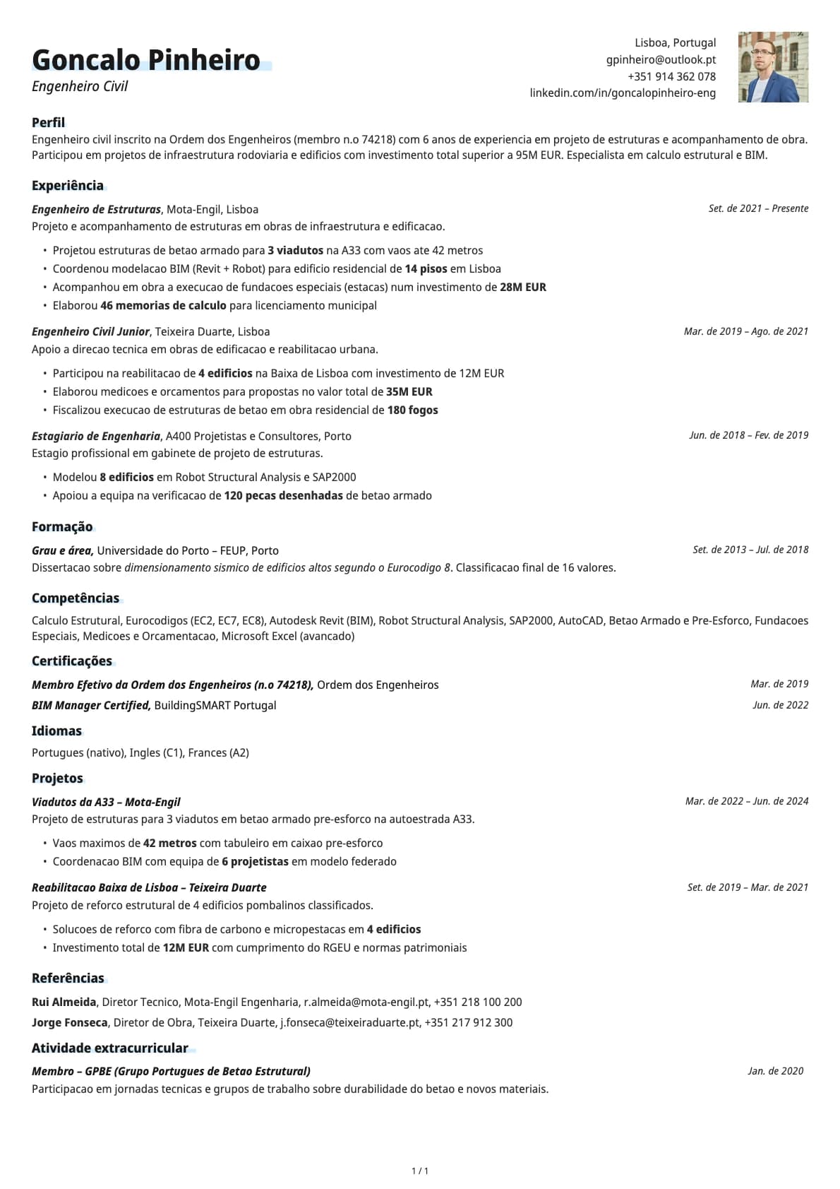 Engenheiro Civil resume example