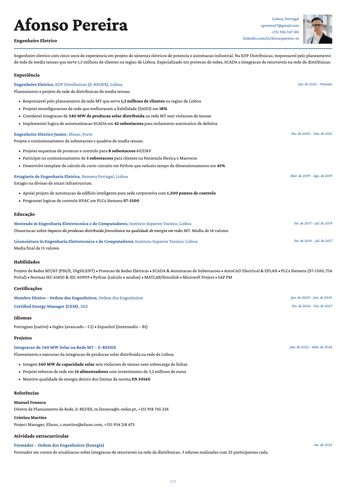 Engenheiro Elétrico resume example