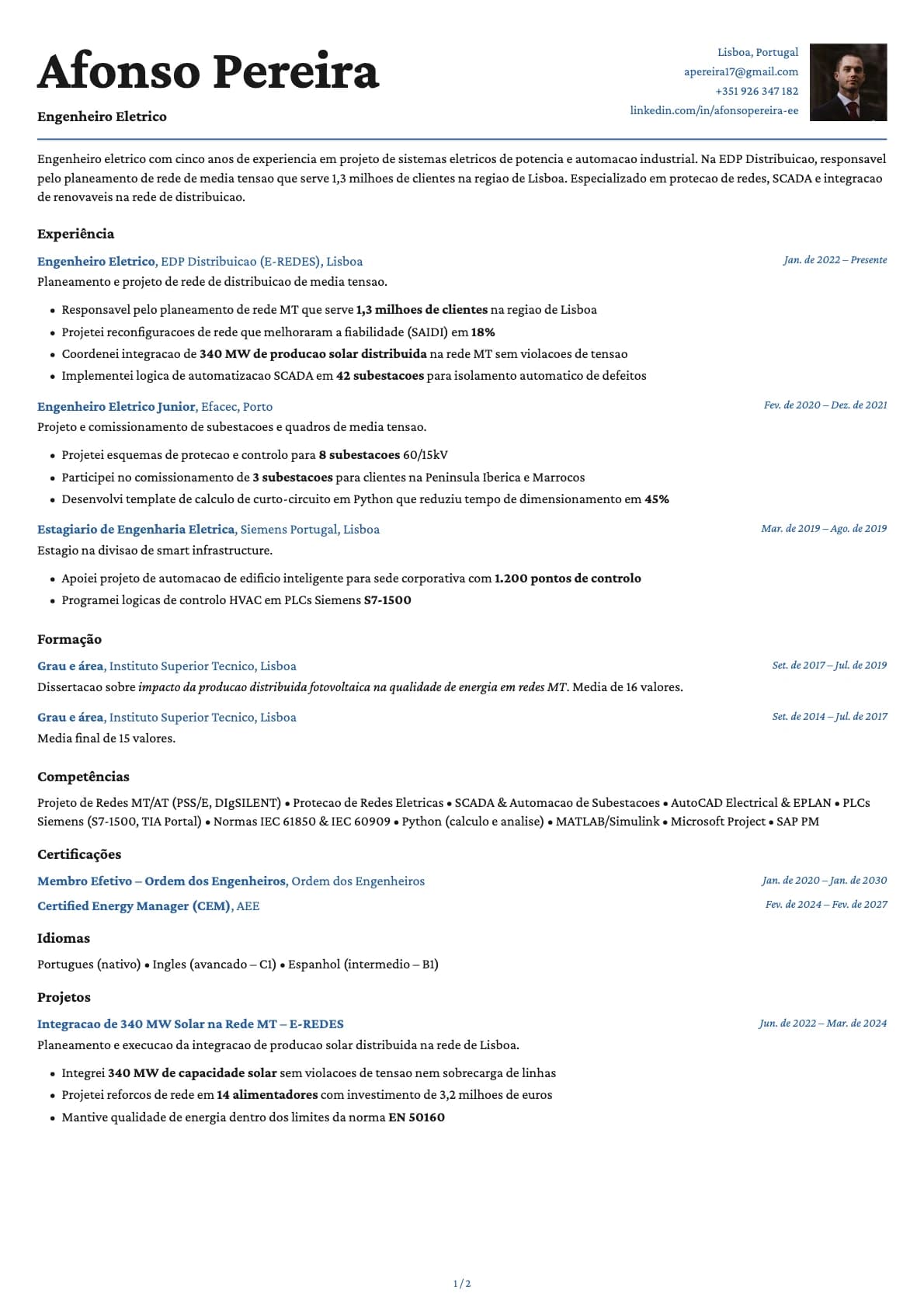 Engenheiro Elétrico resume example