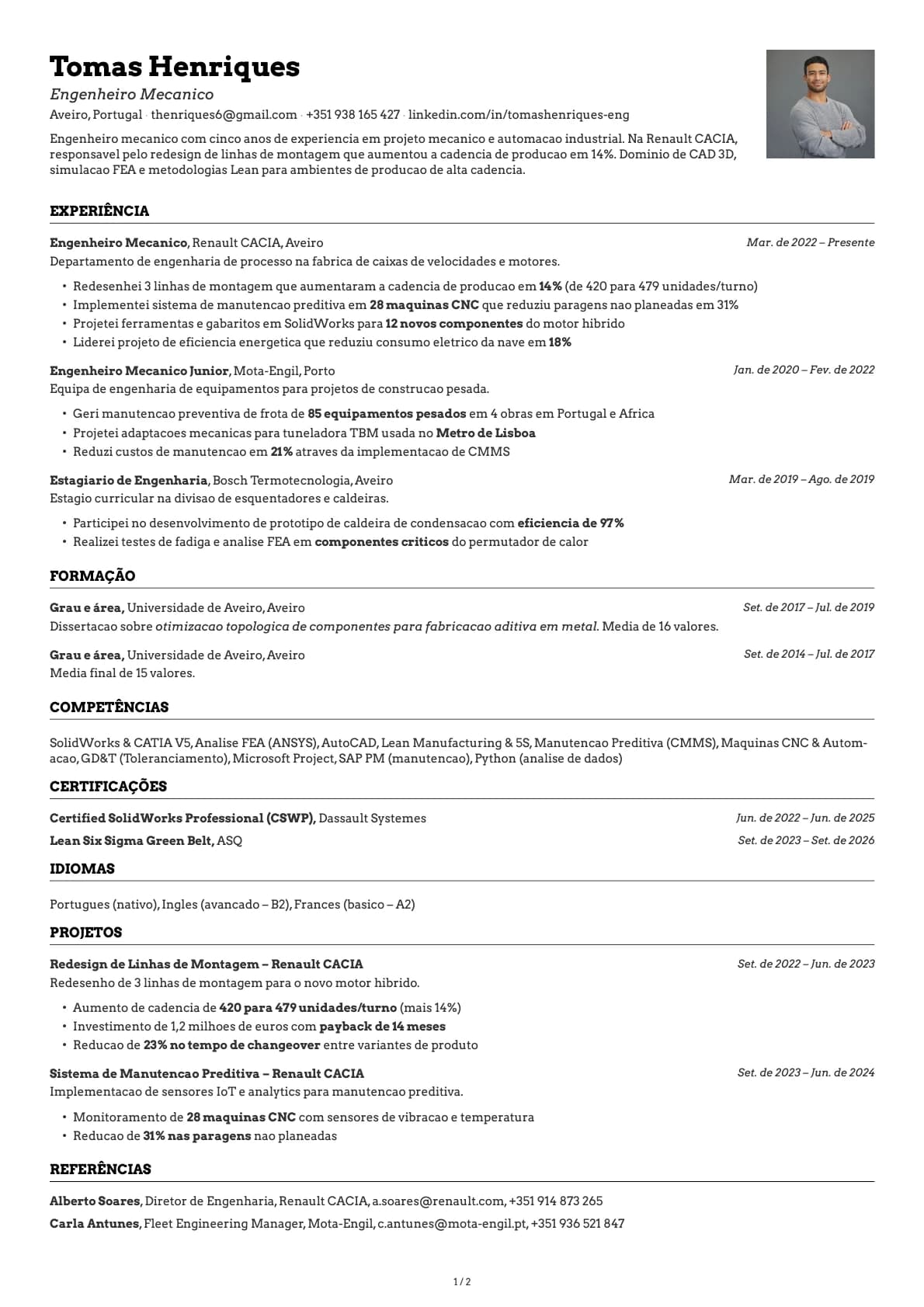 Engenheiro Mecânico resume example