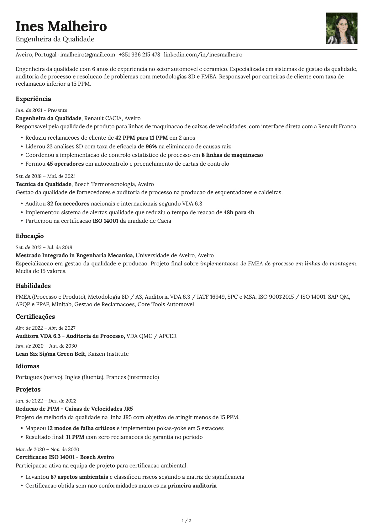Engenheiro da Qualidade resume example