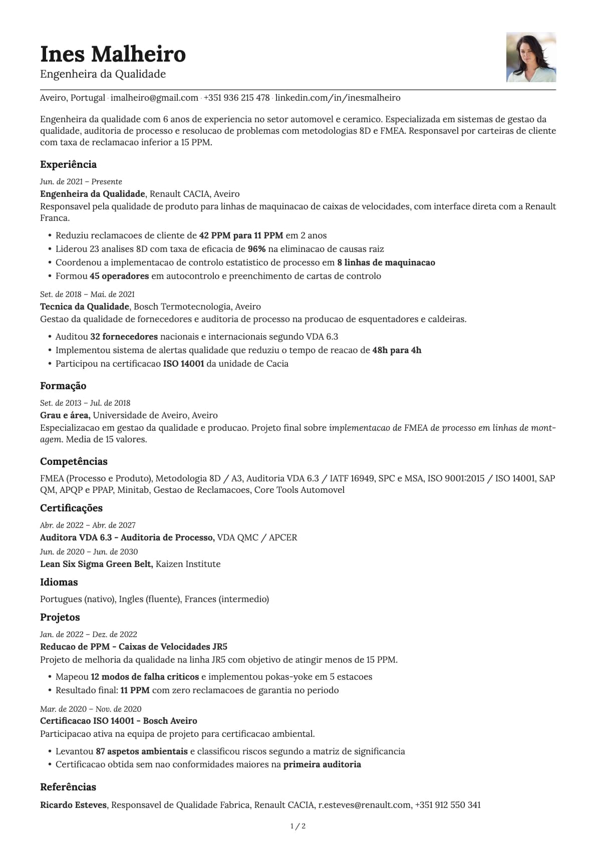 Engenheiro da Qualidade resume example
