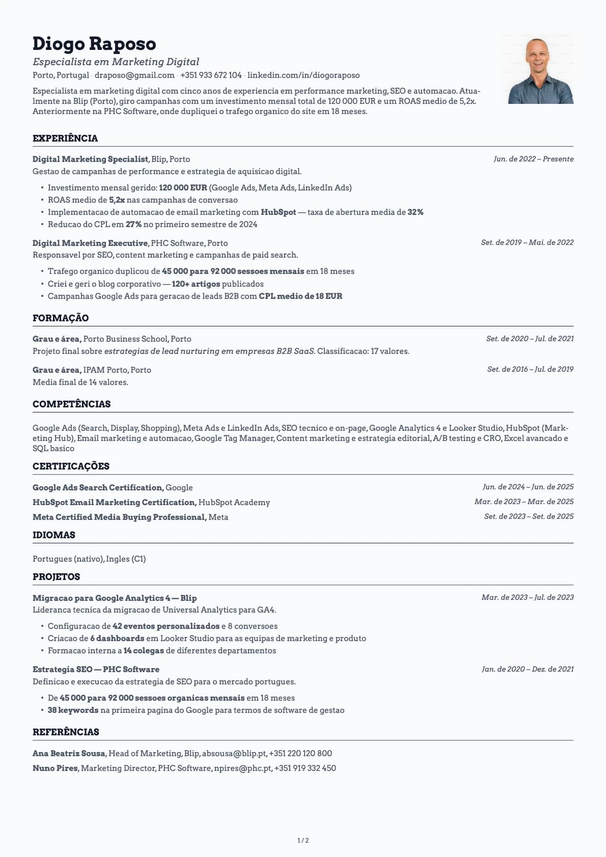 Especialista em Marketing Digital resume example