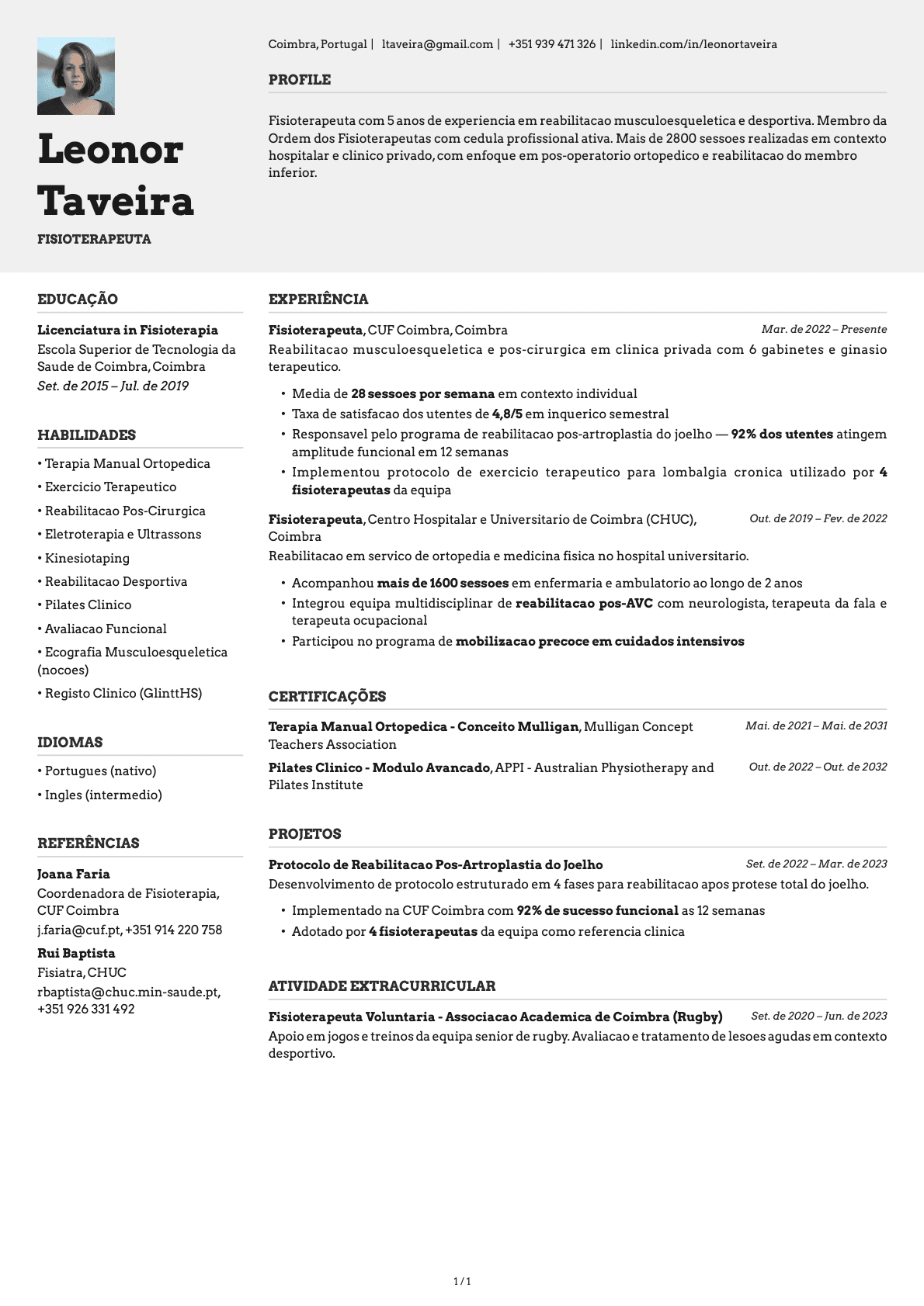 Fisioterapeuta resume example