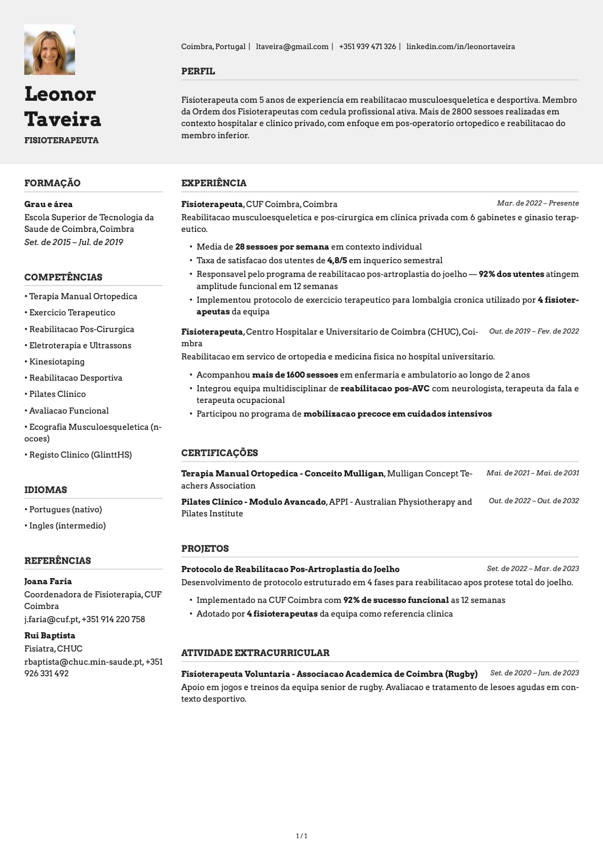Fisioterapeuta resume example