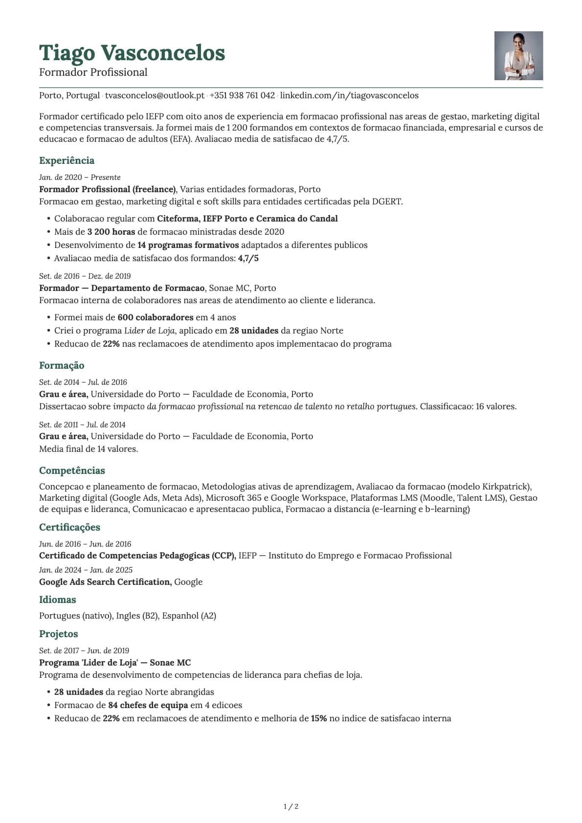 Formador Profissional resume example