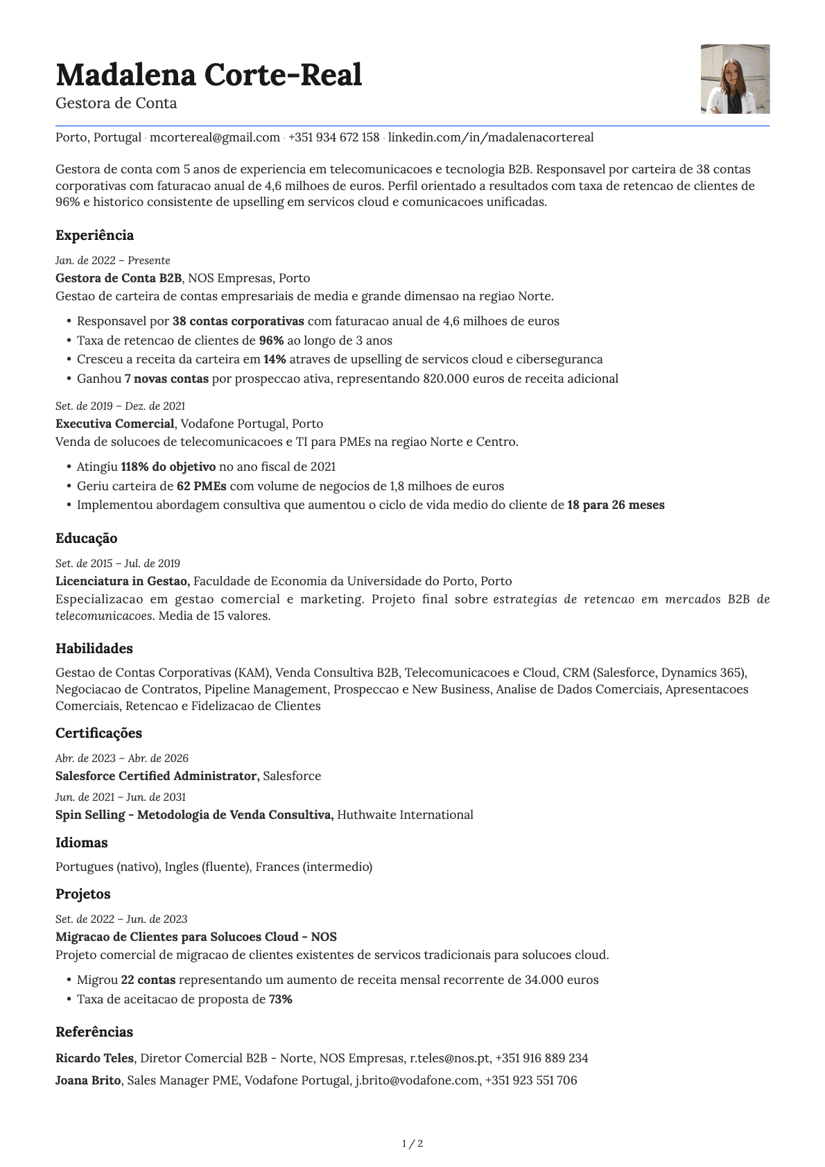 Gestor de Conta resume example