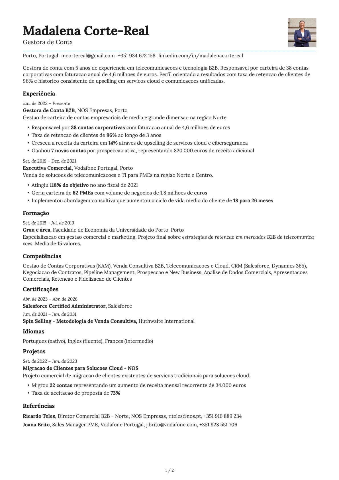 Gestor de Conta resume example