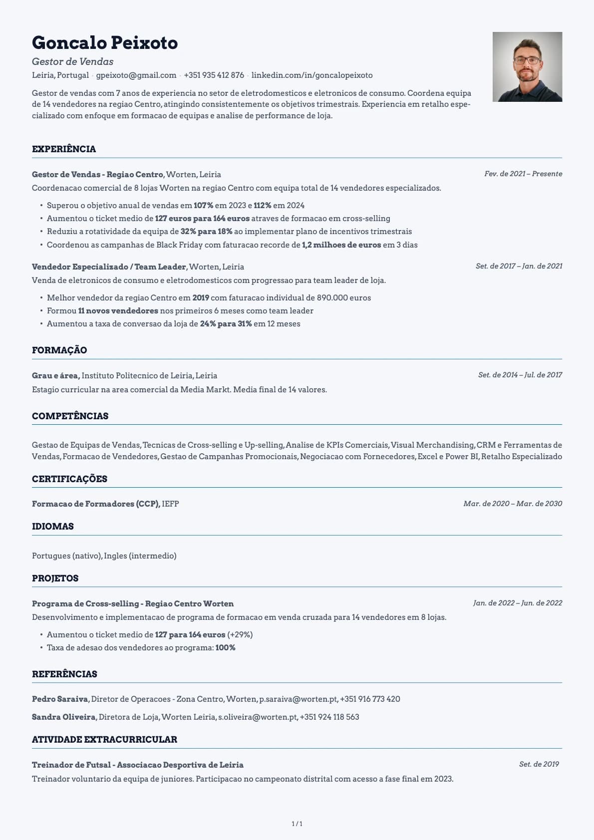 Gestor de Vendas resume example