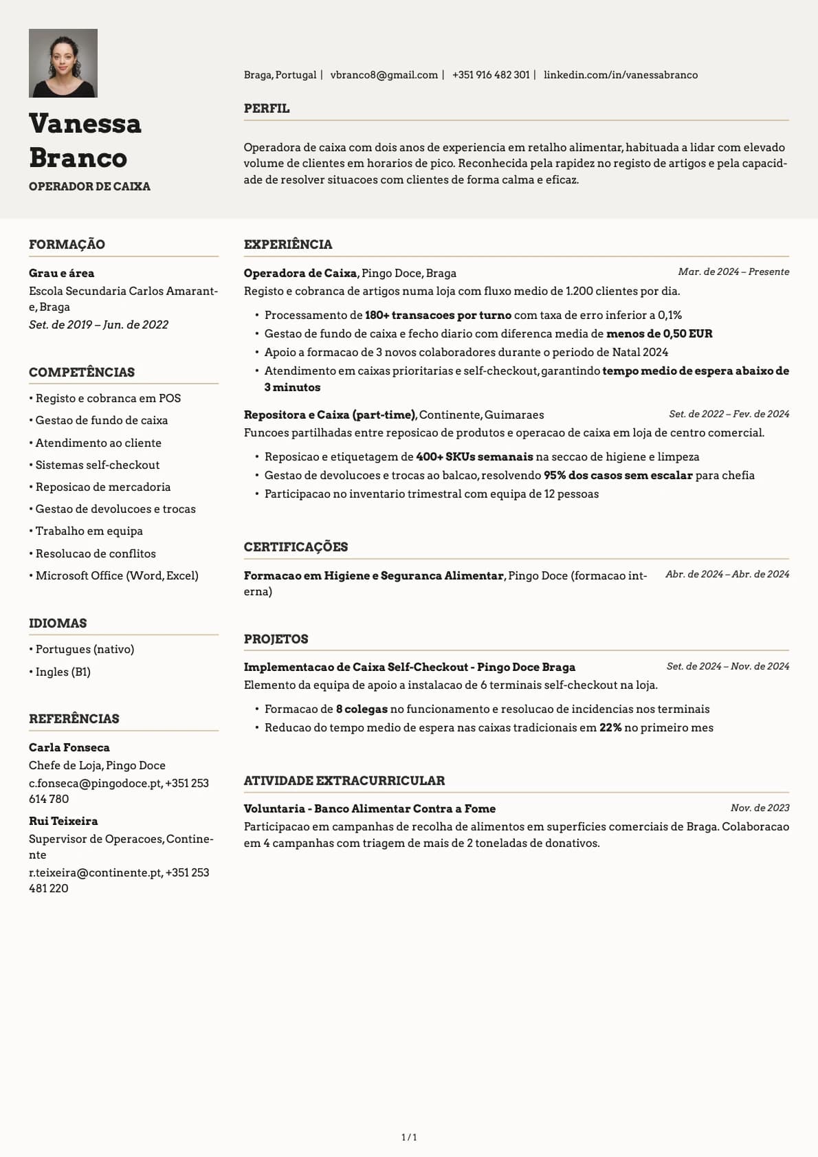 Operador de Caixa resume example