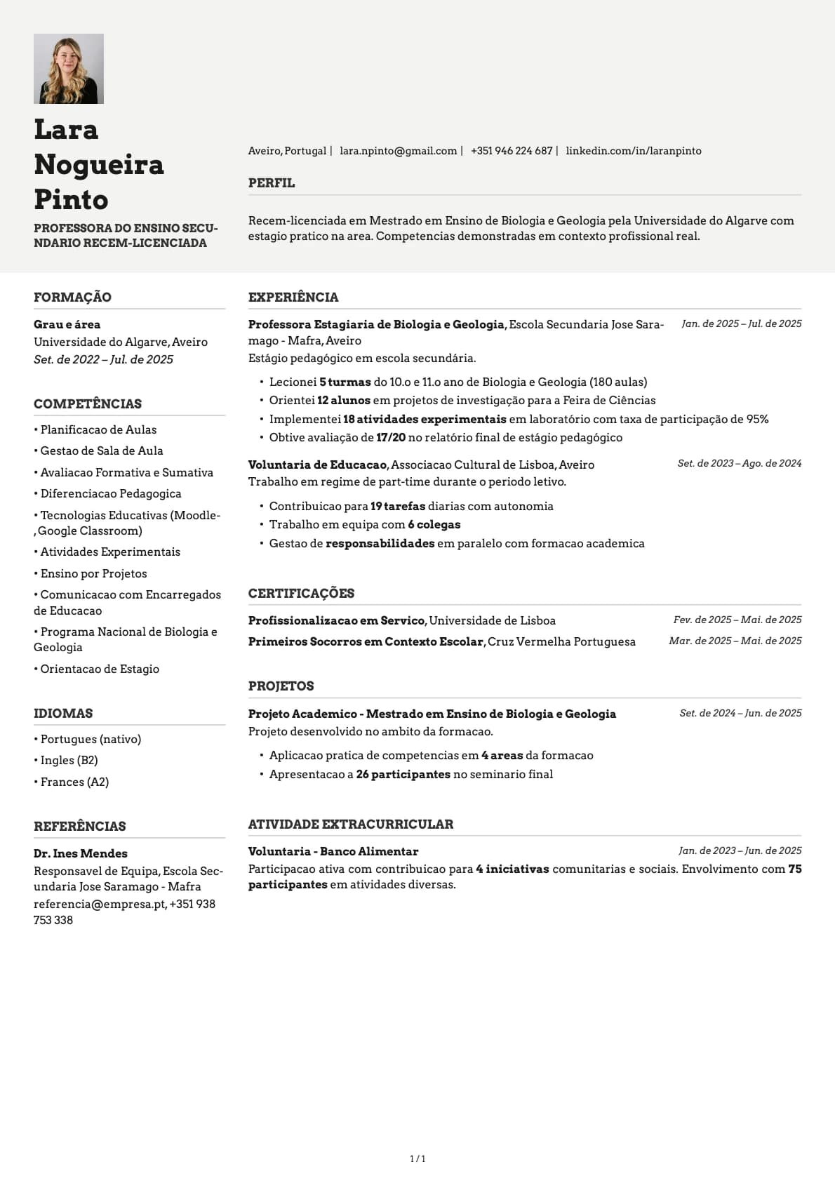 Professora do Ensino Secundario Recem-Licenciada resume example