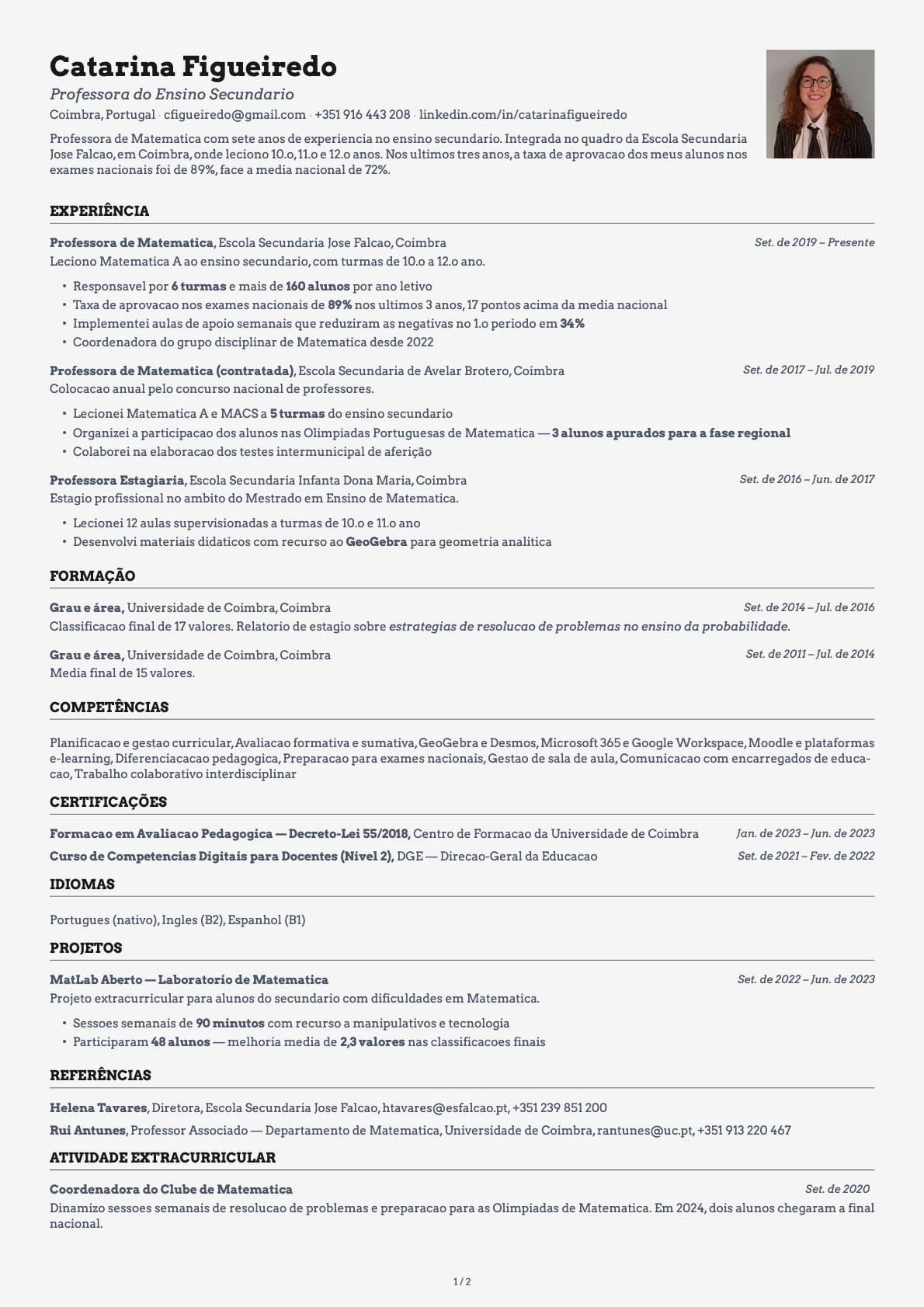 Professor do Ensino Secundário resume example