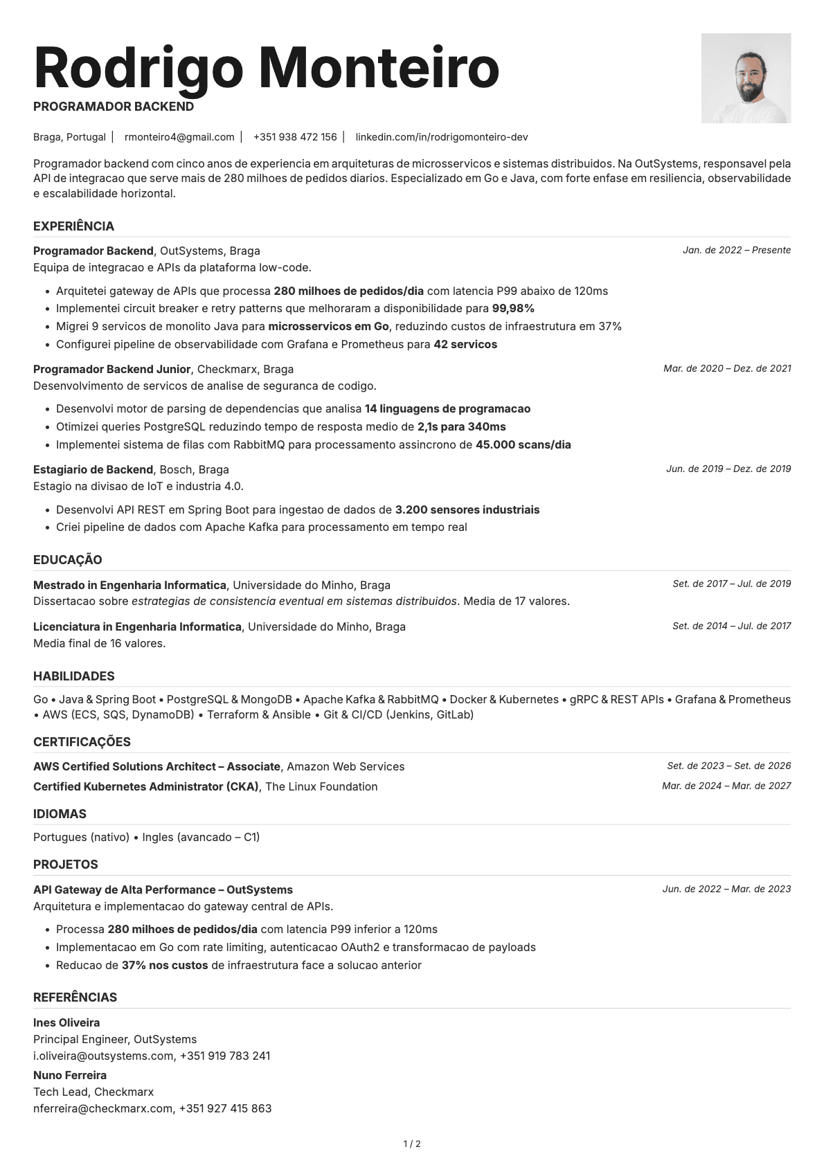 Programador Backend resume example