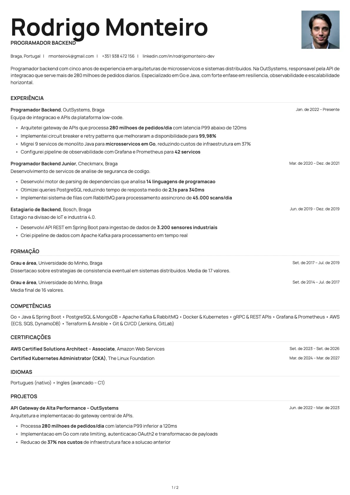 Programador Backend resume example