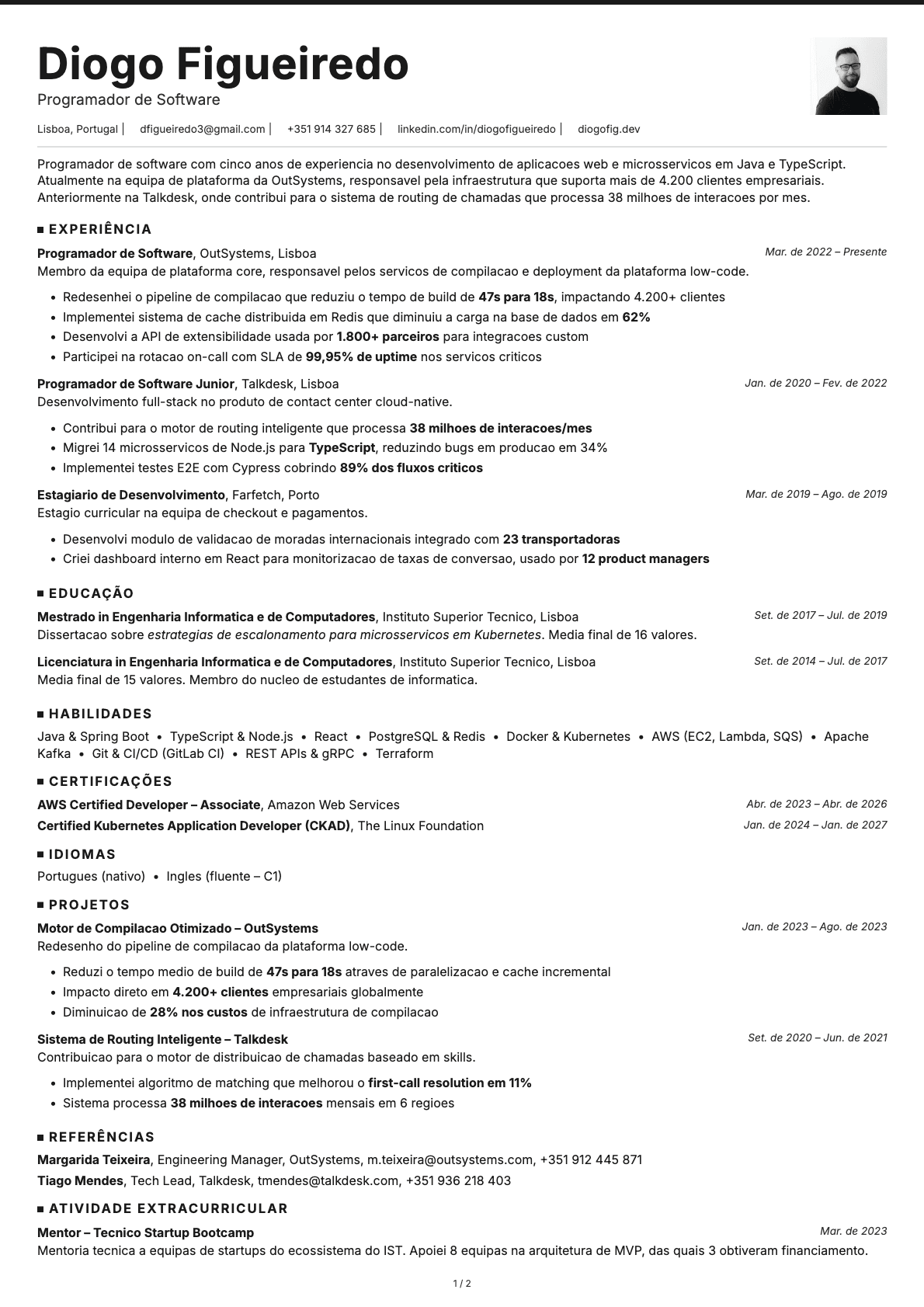 Programador de Software resume example