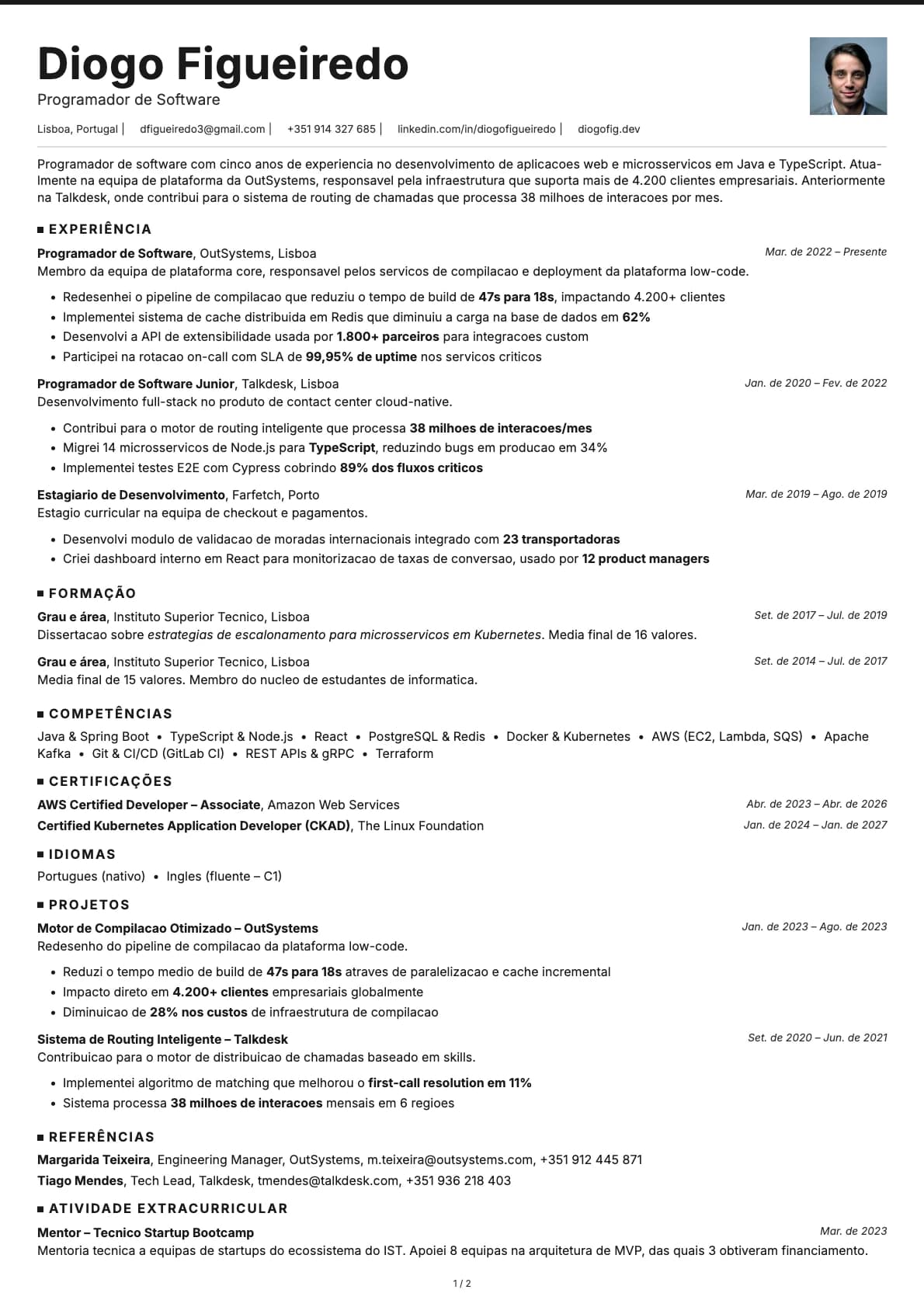 Programador de Software resume example