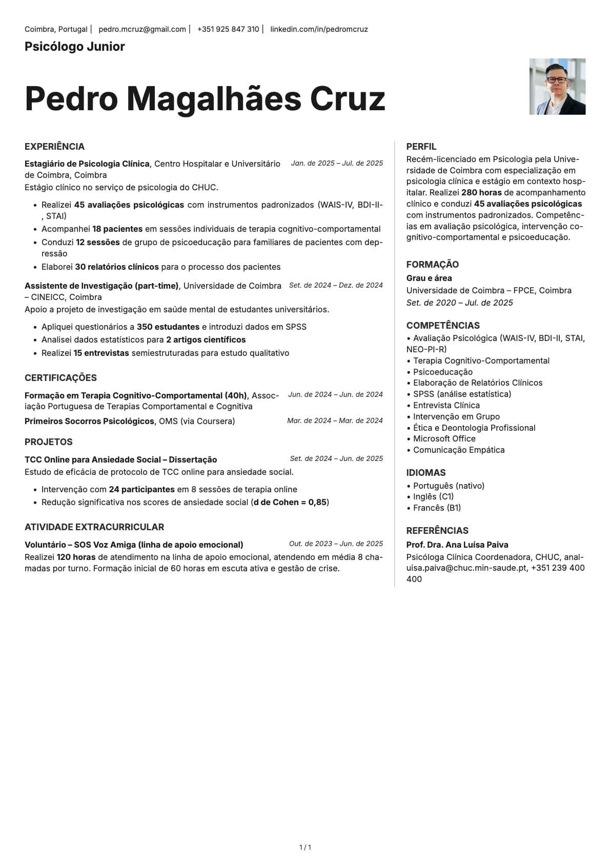 Psicologo Junior resume example