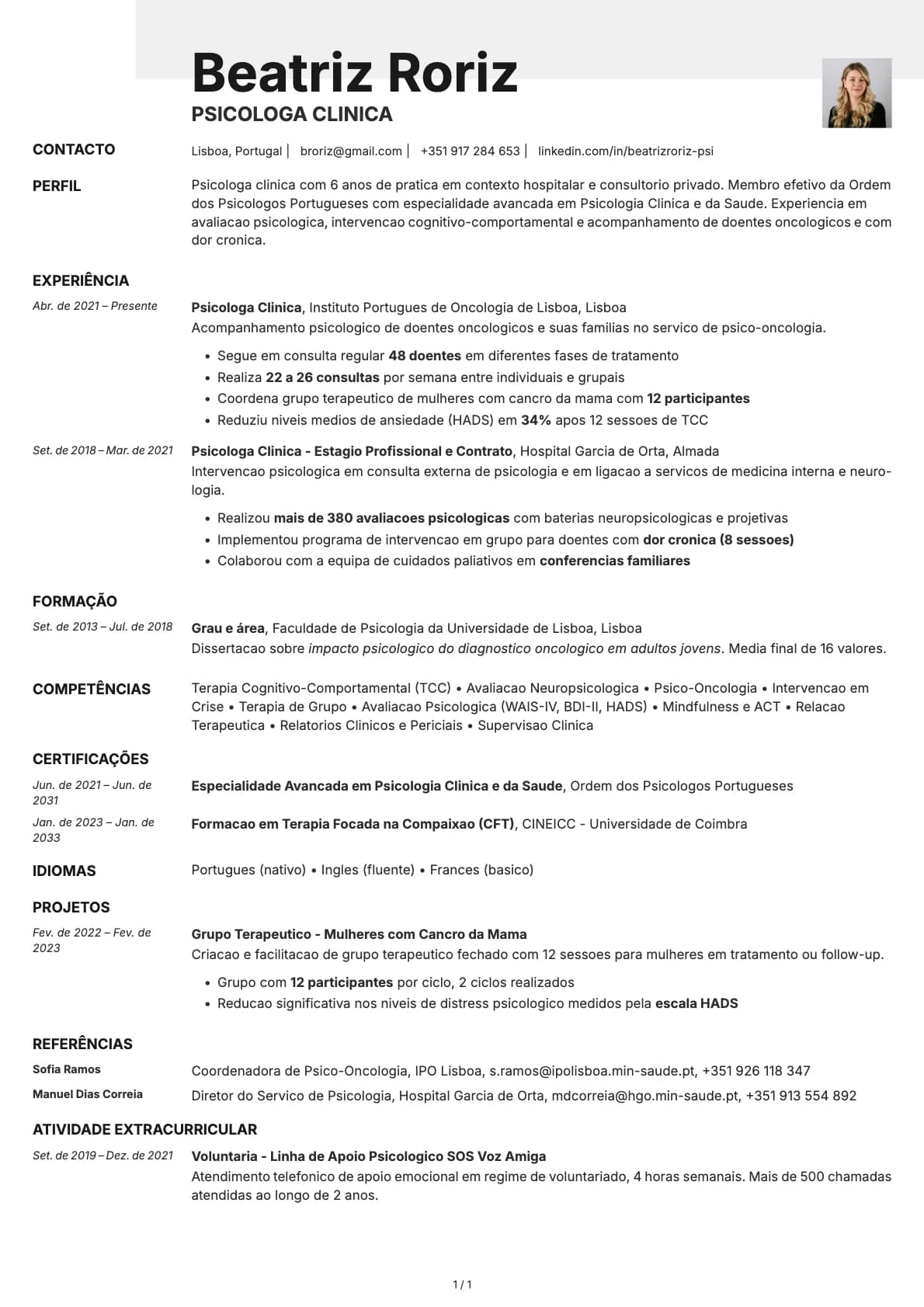 Psicologo resume example