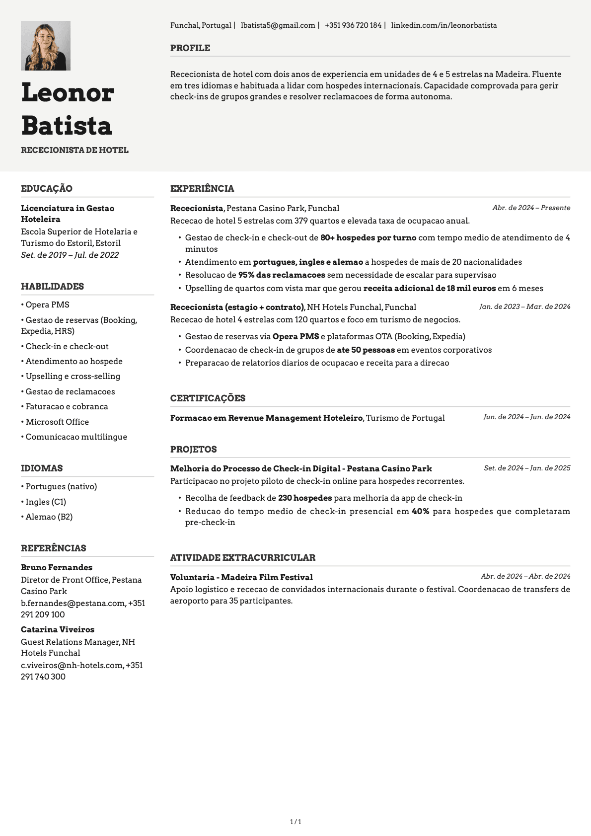 Rececionista de Hotel resume example