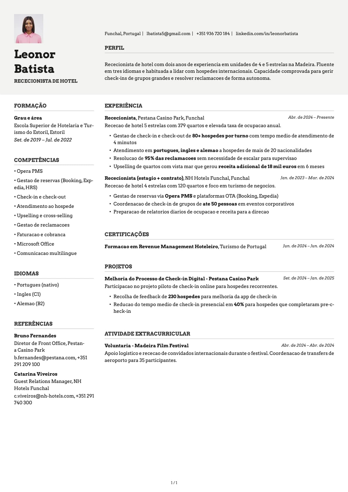 Rececionista de Hotel resume example