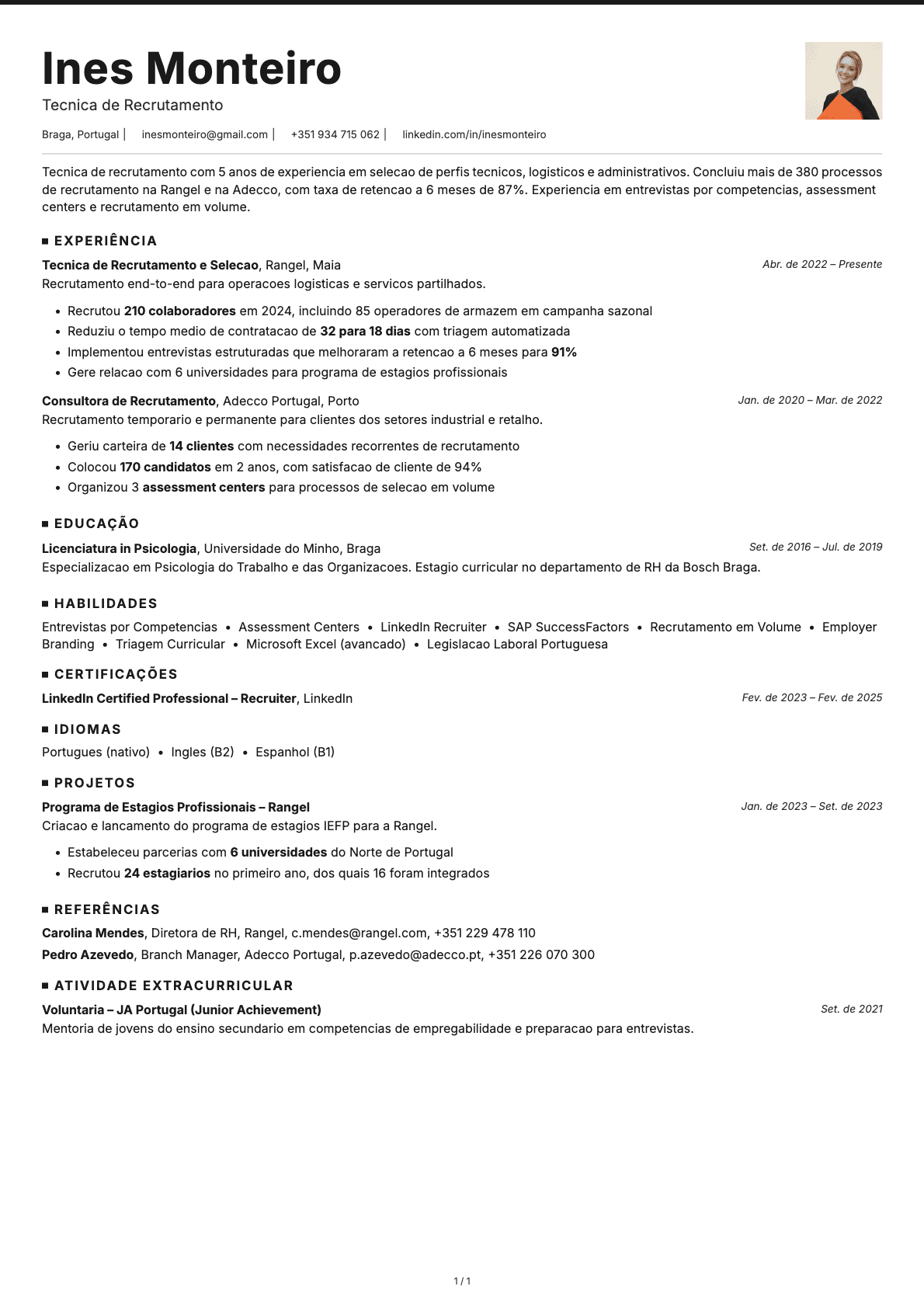 Tecnico de Recrutamento resume example