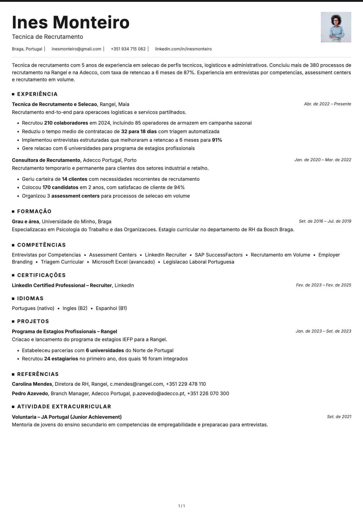 Tecnico de Recrutamento resume example