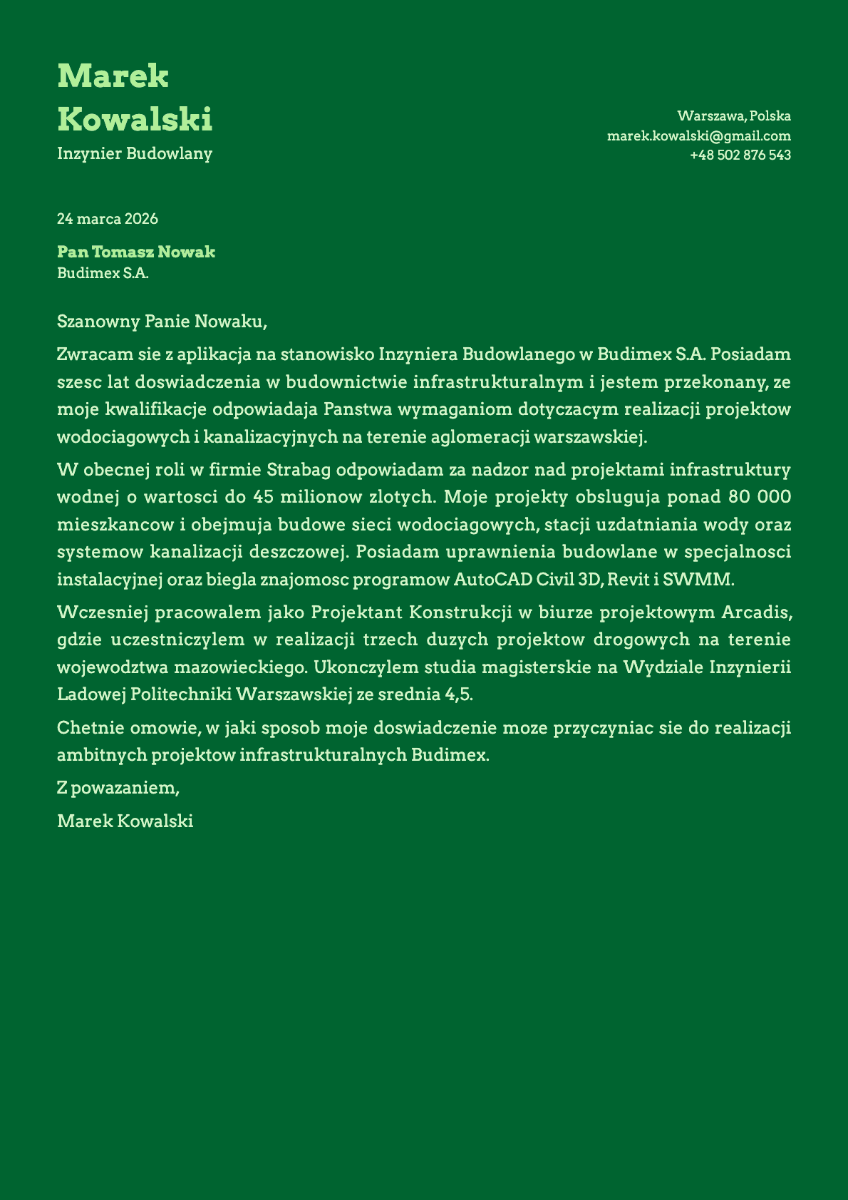 Emerald cover letter template preview